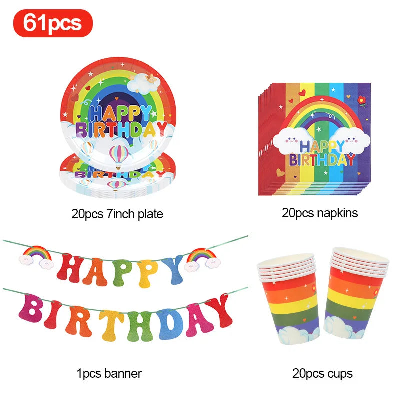 Rainbow Party Tableware Set Paper Plates Cups Napkins Tablecloth Banner Kids Boy Girl Happy Birthday Party Decoration Supplies