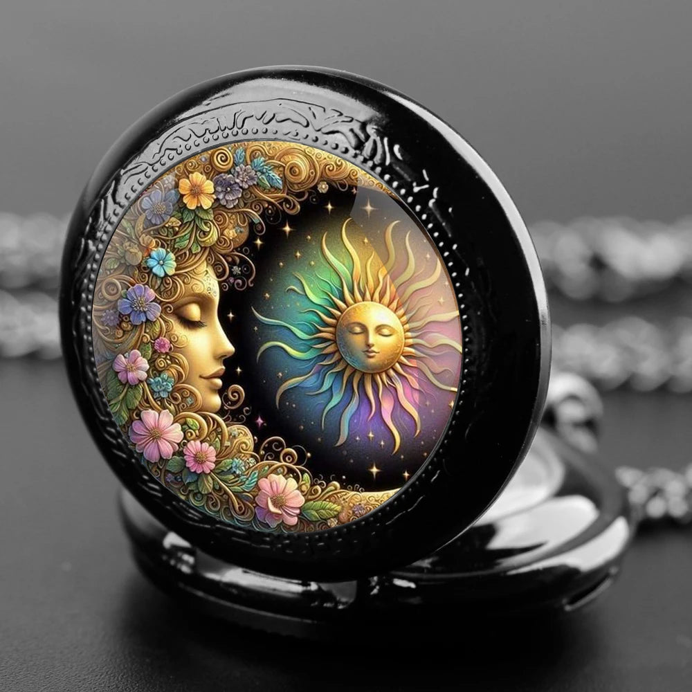 Sun and Moon Goddess Quarzt Pocket Watch with Chain