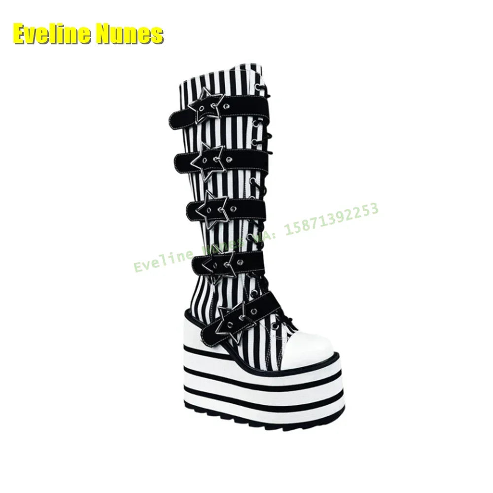 Star Metal Buckle Stripe Y2K Fashion Boots Round Toe Wedges Height