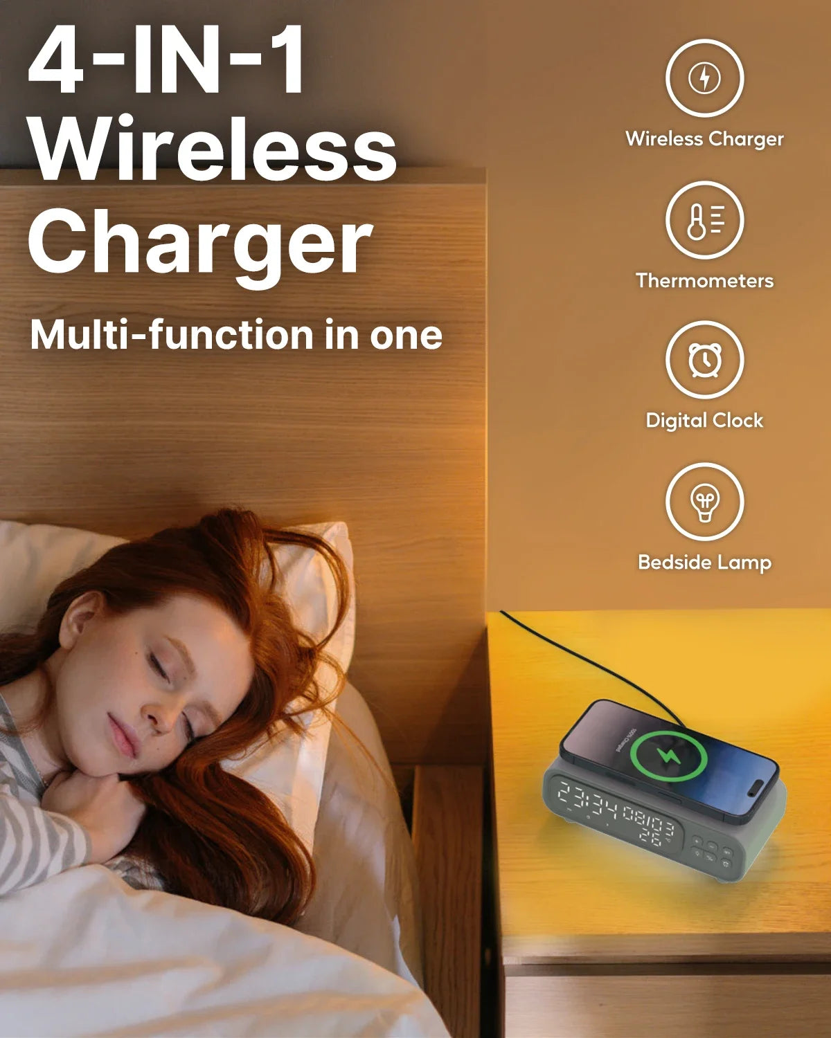 15W Wireless Charger Time Alarm Clock LED Night Light Thermometer Earphone Phone Chargers Fast Charging Dock Station For iPhone