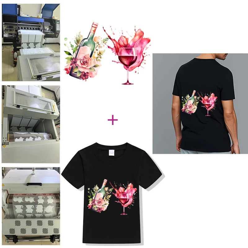 Interesting watercolor wine Glass flower Heat Transfer On Children's clothing dtf transfers ready to press iron on heat transfer