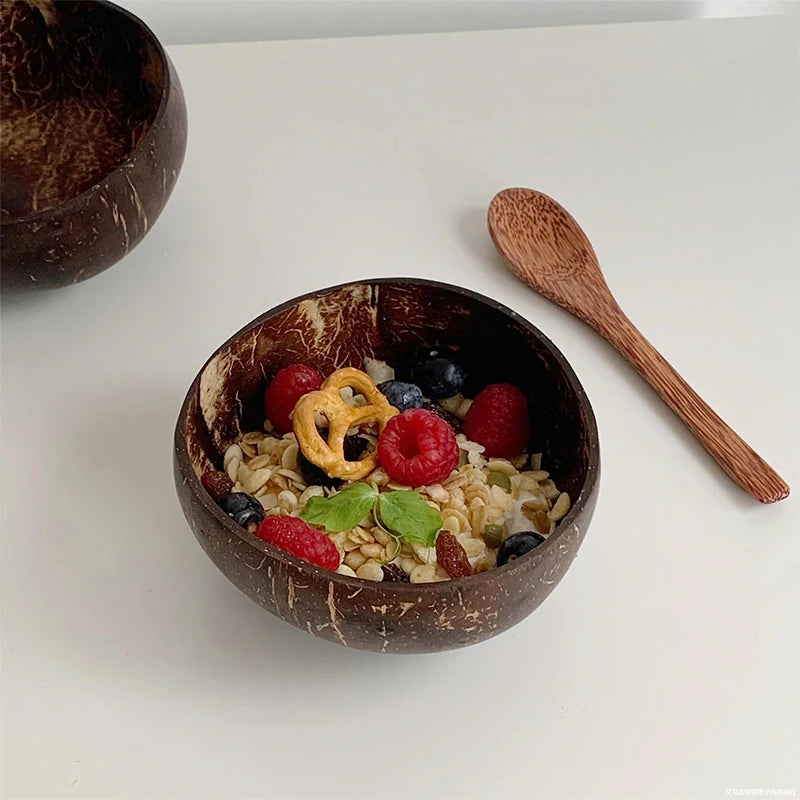 Kitchen Natural Coconut Bowl Set Wooden Salad Ramen Wood Spoon Coco Smoothie Tableware