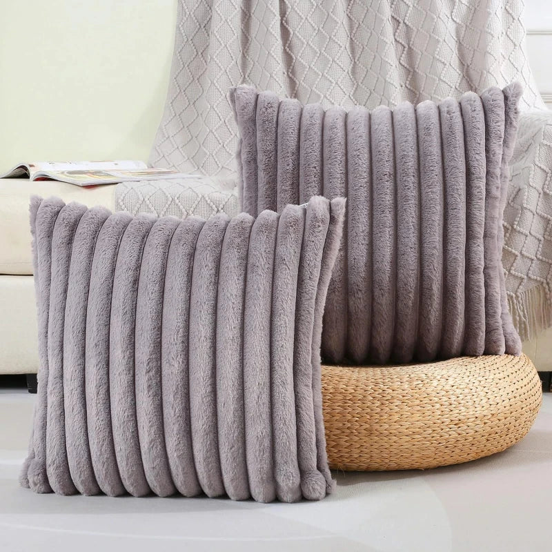 Artificial Rabbit Fur Square Cushion Cover Simple Stripe Super Soft Pillowcase 45x45 Cm Sofa Decorative Cushion Cover