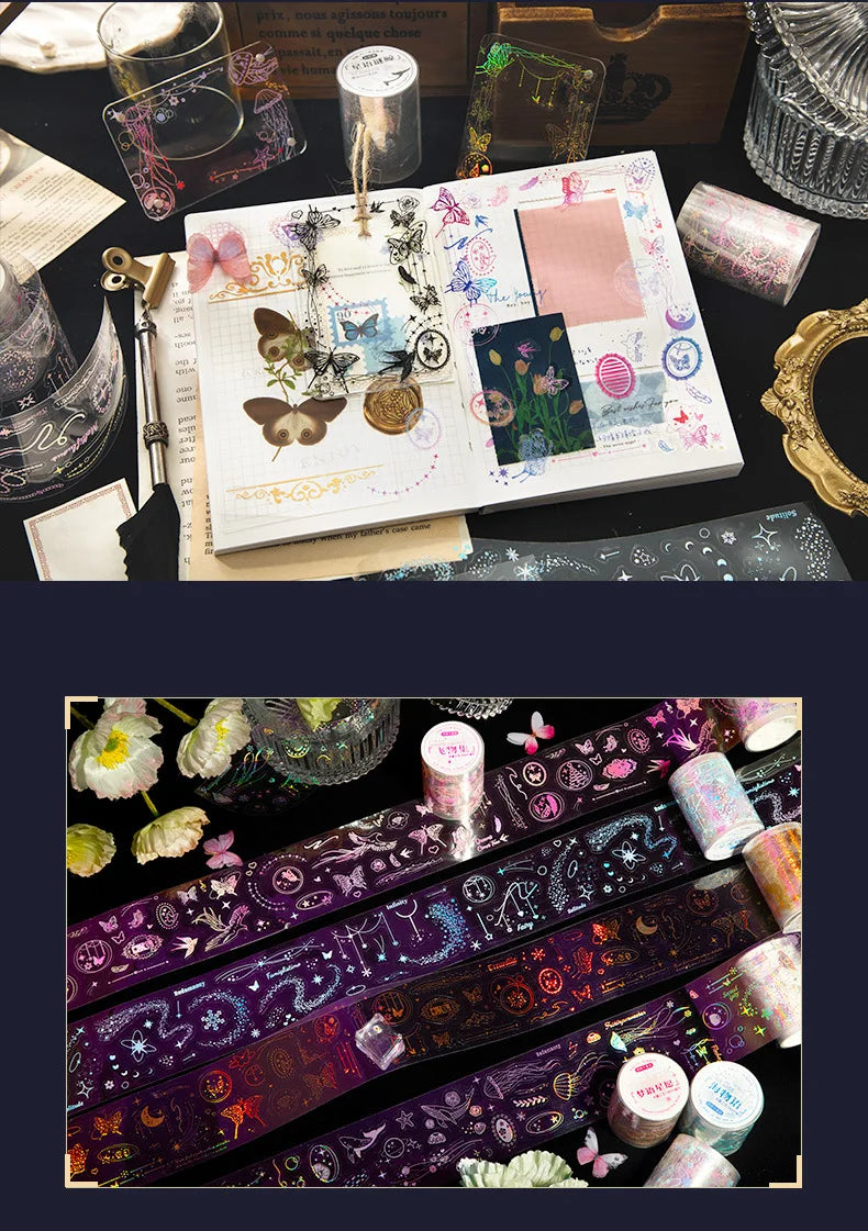 5.5*200cm 1roll Metallic PET Tape for Journaling, Laser Gold/Silver Decorative Stickers, DIY Scrapbook Washi Supplies