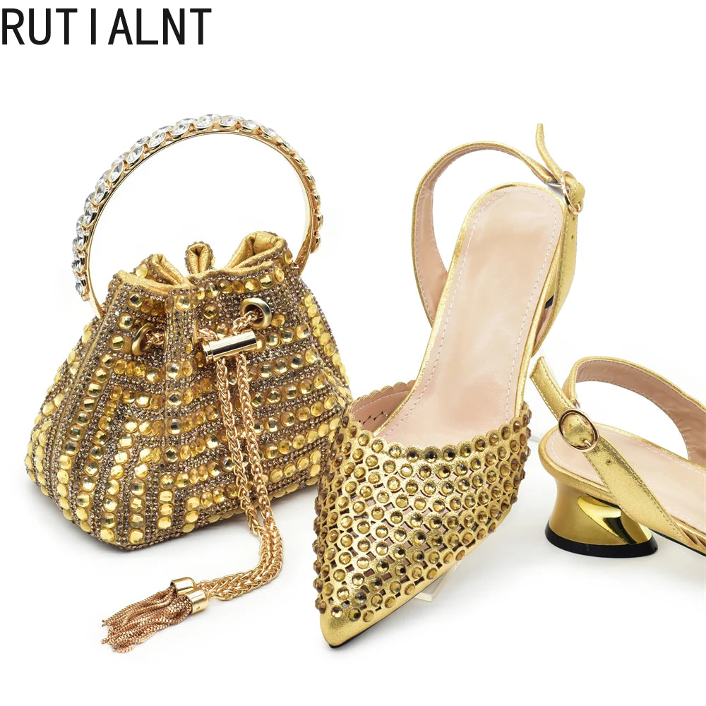 Fashion Gold Color Shoes and Bags To Match Set