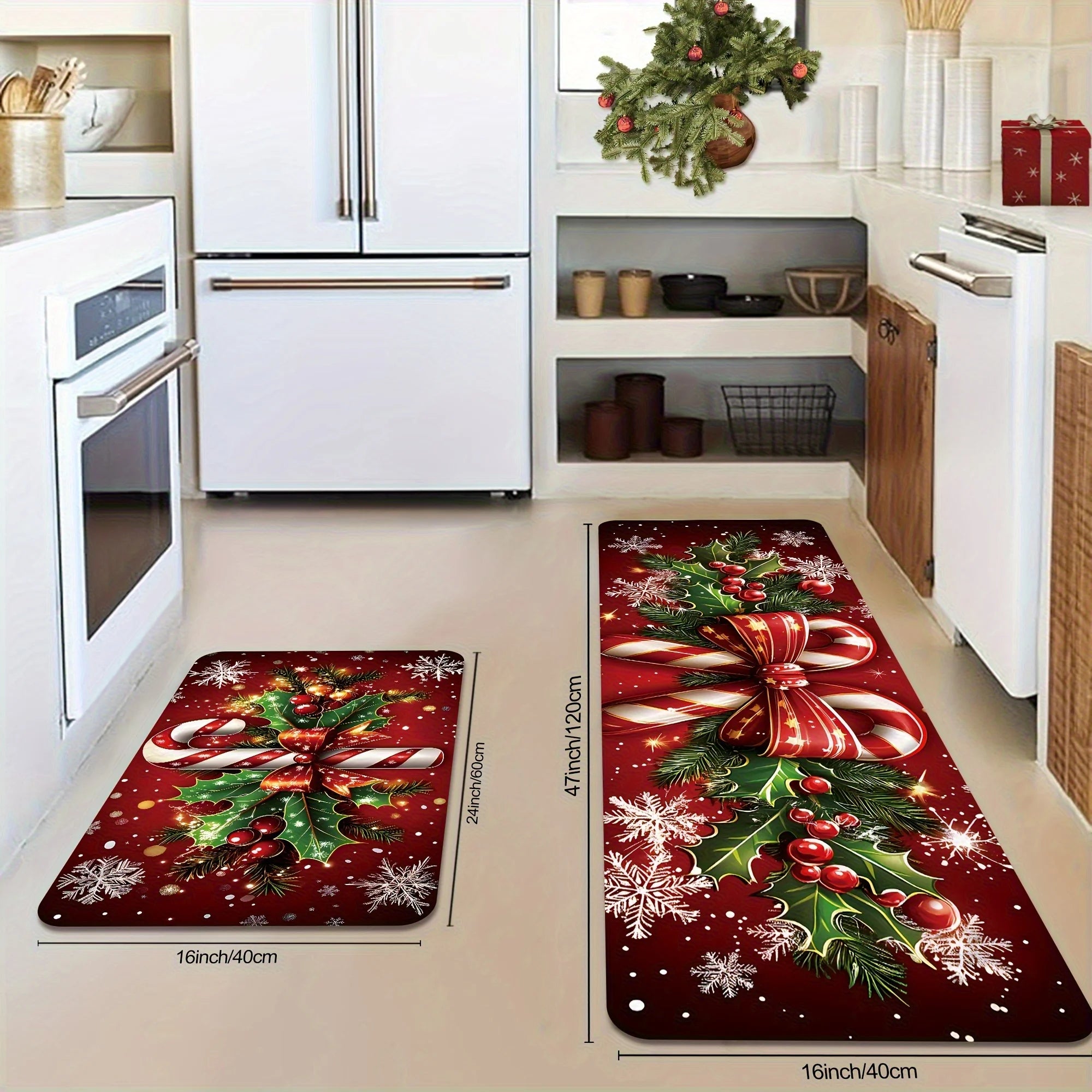 VIKAMA Merry Christmas Winter Decor Candy Canes Holly Snowflake Kitchen Mat Christmas Holiday Atmosphere Decor Festive Home Gift