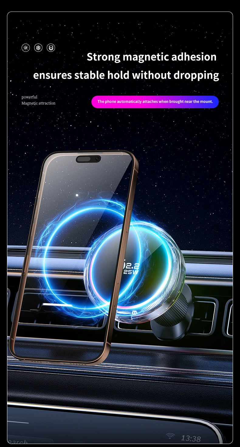qi2.2 Car 25W Magnetic Wireless Charger Air Cooling RGB Light  Phone Holder For Magsafe iPhone 17 16 15 14 13 12 Fast Charging