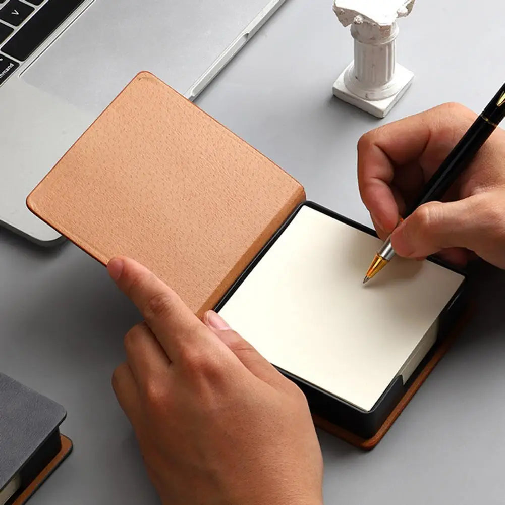 Desk Organizer with Note Paper Note Box with Grooves Imitation Leather Sticky Notes Holder with Lid Cover Name Cards Organizer