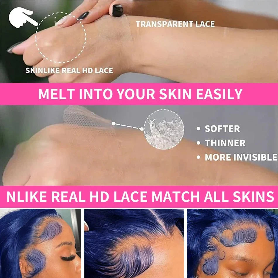 Navy Blue 13x6 Lace Front Body Wave Human Hair Wigs Brazilian Blue Colored HD Transparent Lace Front Wigs For Women Pre Plucked