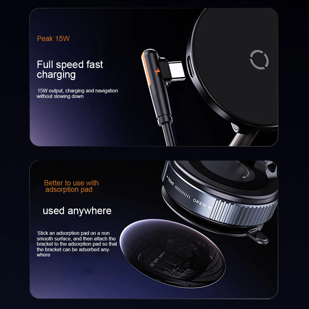 New Magnetic 15W Wireless Charger Car Phone Holder 360 Degree Rotation Foldable Suction Cup Navigation Phone Holder Bracket