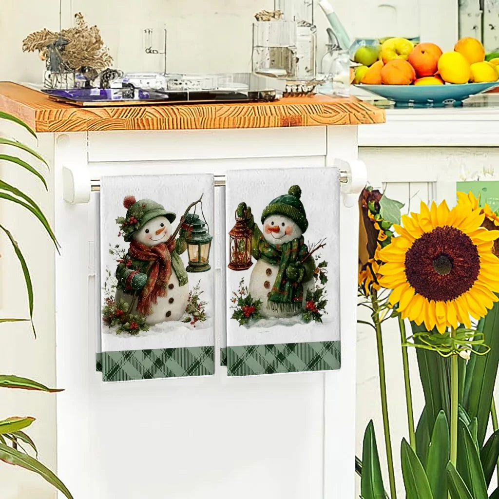 2Pcs, Green Christmas Snowman Kitchen Towels, 40Cm*60Cm Towel Set, Super Absorbent Soft Cleaning Cloth, Cooking and Baking Tea Towel, Hand Towel, Cleaning Cloth, Dishwashing Cloth, Kitchen Decoration, Living Room Decorations,