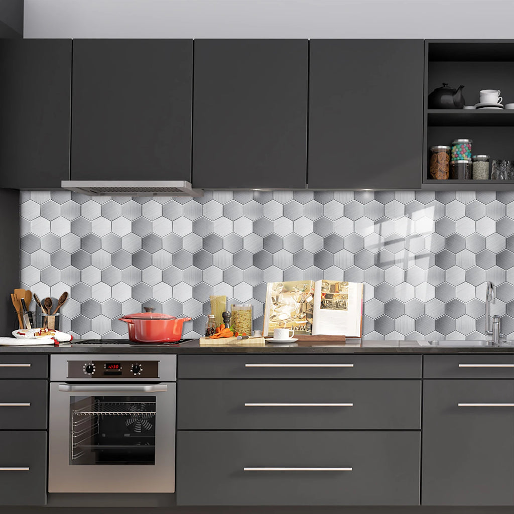 5 Styles Flat Hexagon Marble Embossing Tile Wall Stickers Oil-Proof Kitchen & Bathroom Washbasin Glossy Surface Decorative Mural