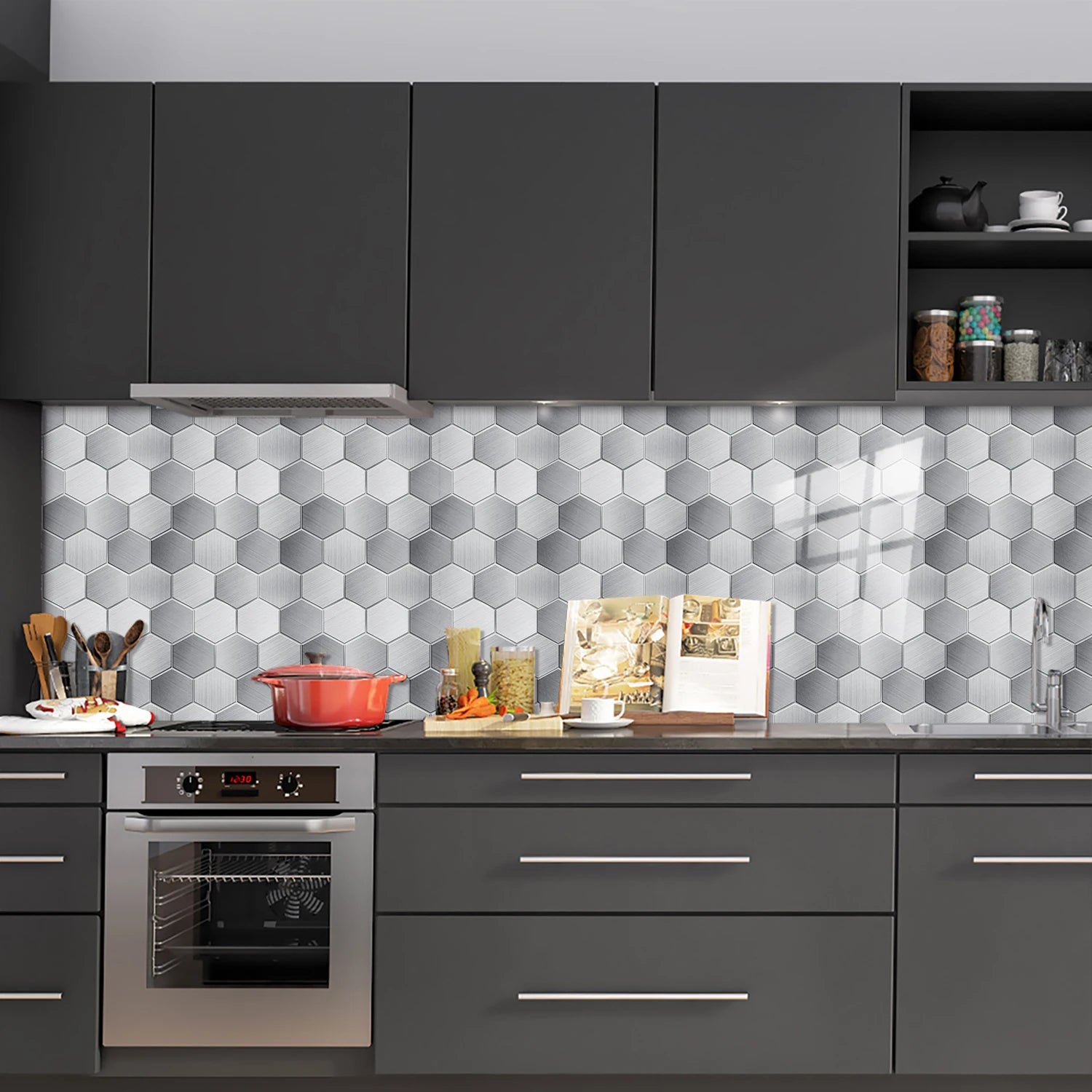 5 Styles Flat Hexagon Marble Embossing Tile Wall Stickers Oil-Proof Kitchen & Bathroom Washbasin Glossy Surface Decorative Mural