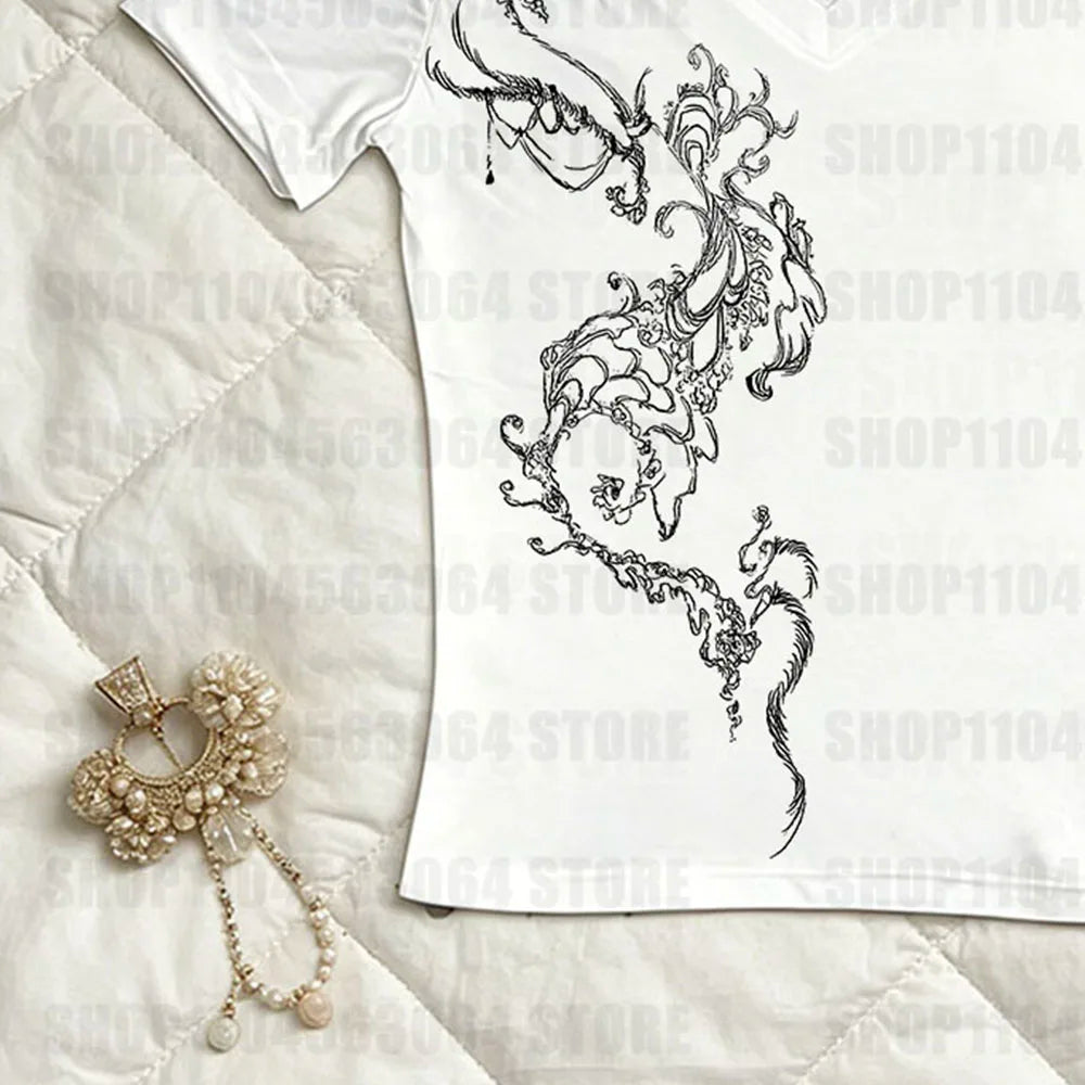 Y2K Aesthetic T-shirt for Women, Fashion V-neck, Casual Pattern, Retro Punk Short Sleeve, Gothic Open Umbilical Top, Girl Fit T-