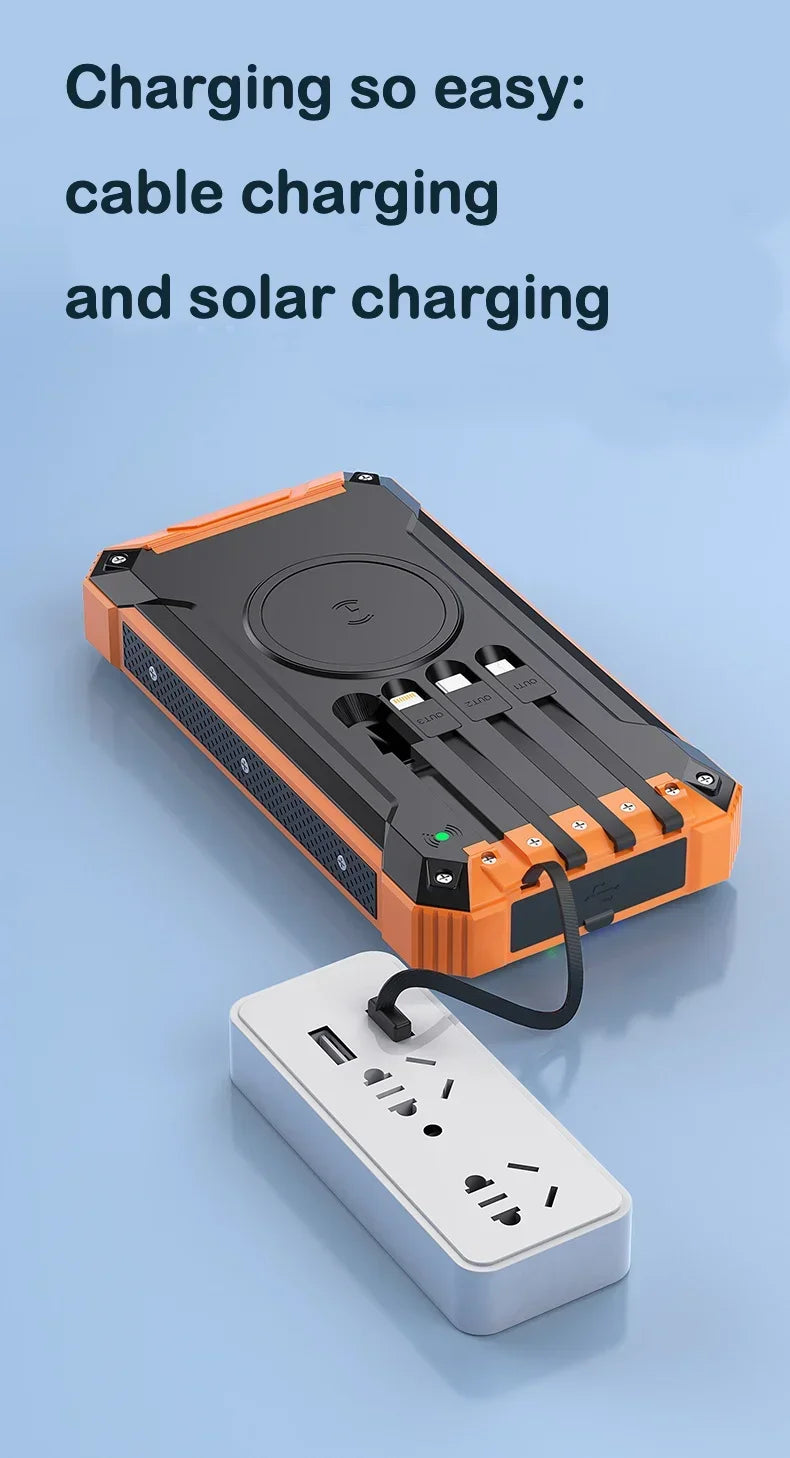 New Solar Power Bank 20000mAh Mobile Power Fast Charging Battery multifunctional With 4 Cables Wireless Charger LED Flashlight
