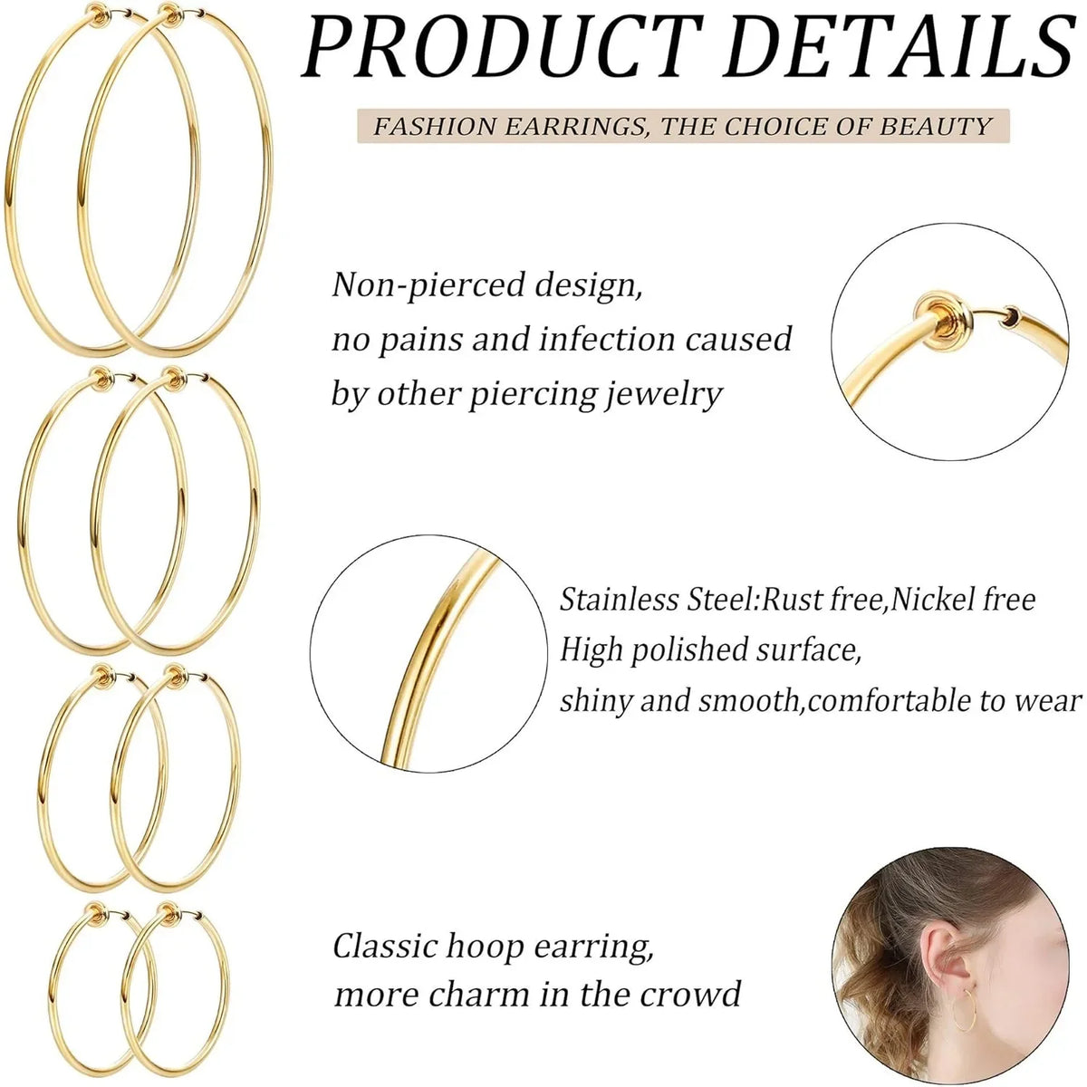 4Pairs Stainless Steel Clip on Hoop Earrings for Women Fake Hoop