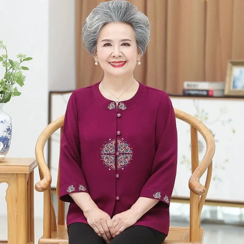 Elderly People Shirts New Spring Summer Three Quarter Sleeve Grandma Blouse Middle Age Women Cardigan Shirt Embroidery Blusa 5XL