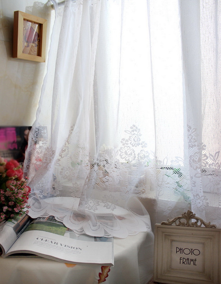 1pc White Lace Sheer Curtains Dining Room Kitchen Cafe Voile Valance Short Curtain Window Treatment Door Curtain Drapes