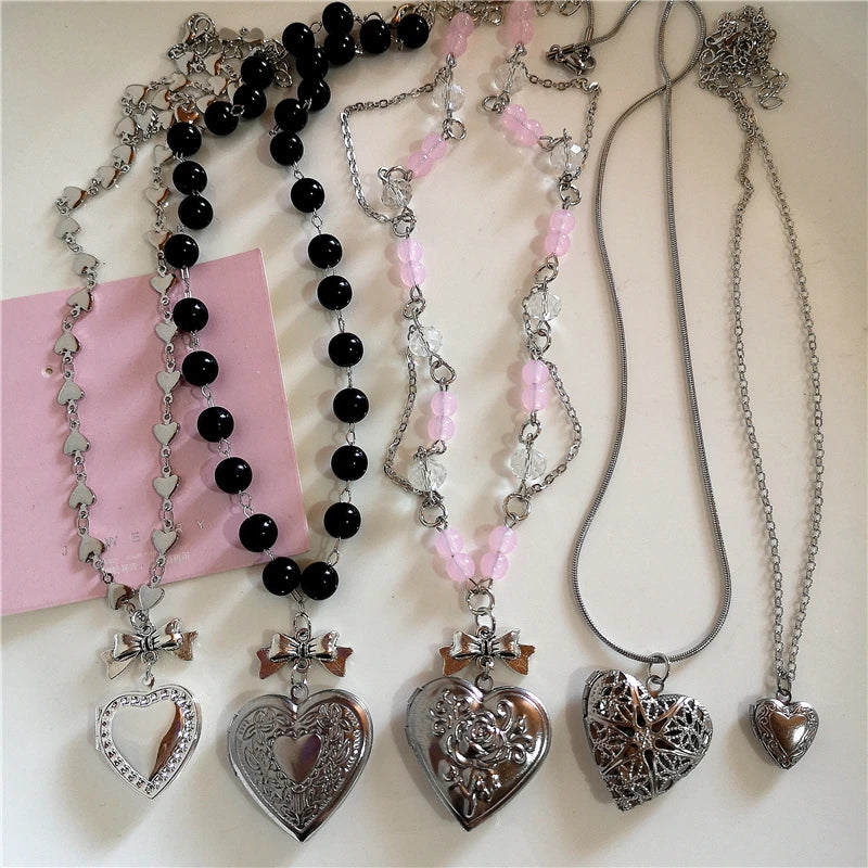 Goth Y2K Aesthetic Heart Locket Pendant Open Female Silver Color