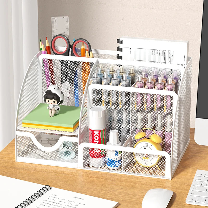 Mesh Desk Organizer Office with 7 Compartments with Drawer Desk Tidy Candy Pen Holder Multifunctional Organizer