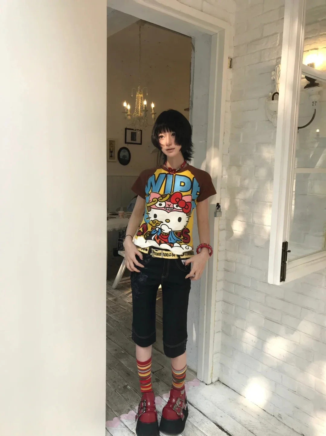 Y2K Sanrio Hello Kitty New Anime Fashion Short Tops Summer Cute Tees Cartoon Printed High Street Gothic Short Hottie T-shirts