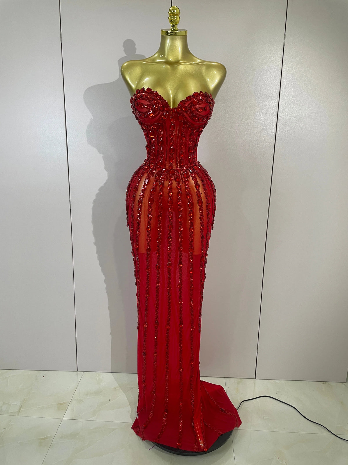 Sexy Red Strapless Mesh See Through Long Dress Evening Party