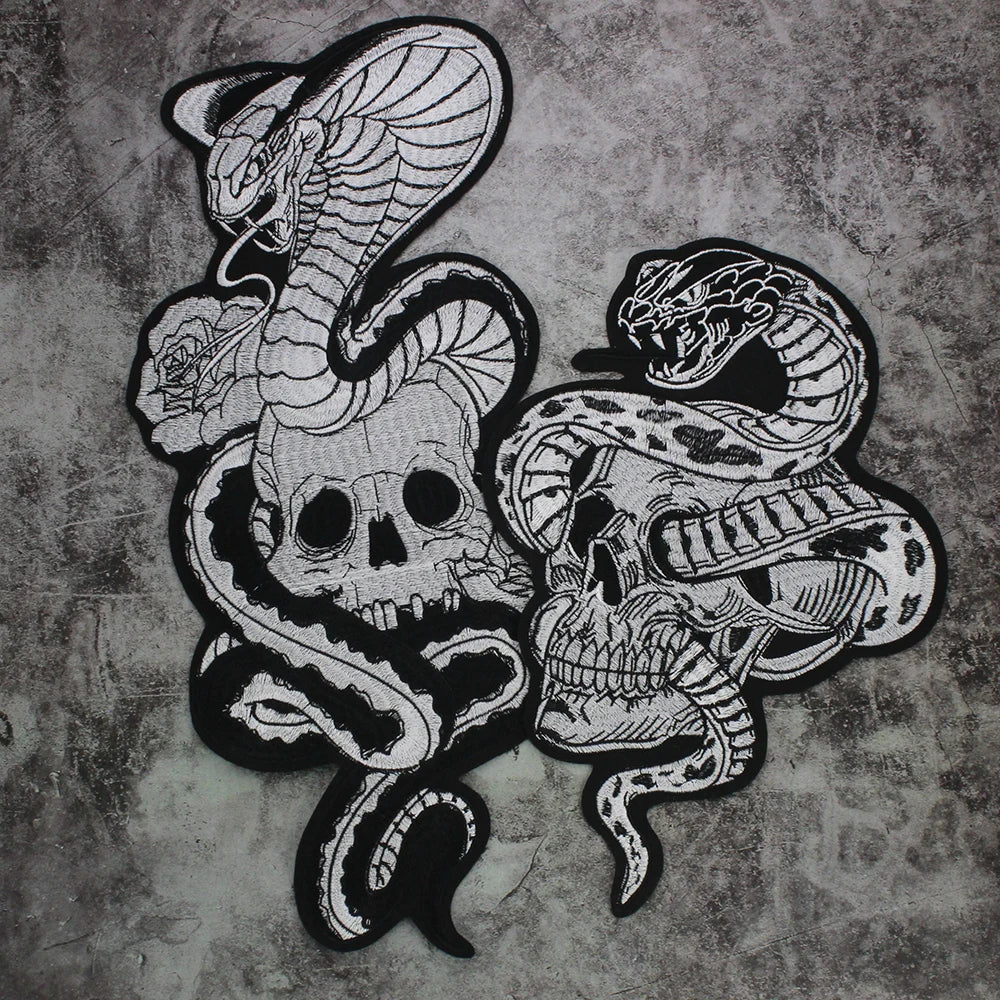 Large Skull Snake flower Biker Patches Iron on Embroidery Back Applique Jackets DIY Motorcycle Patch for Clothing Punk  Badge