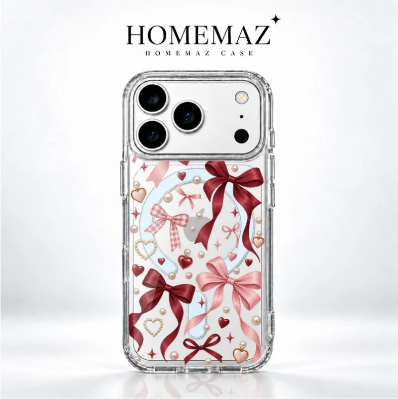 Romantic Bow Heart Clear Case for iPhone, Pearl Ribbon Graphic Shockproof Cover with Raised Camera Edge, Slim Transparent Protective Phone Case