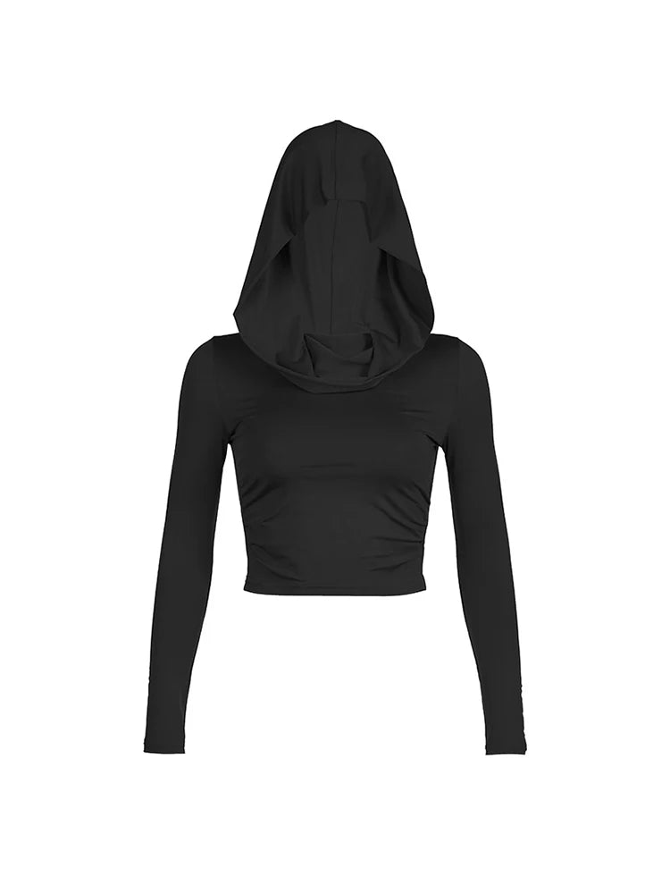 Women's Hooded Crop Tops Autumn Solid Color Long Sleeve