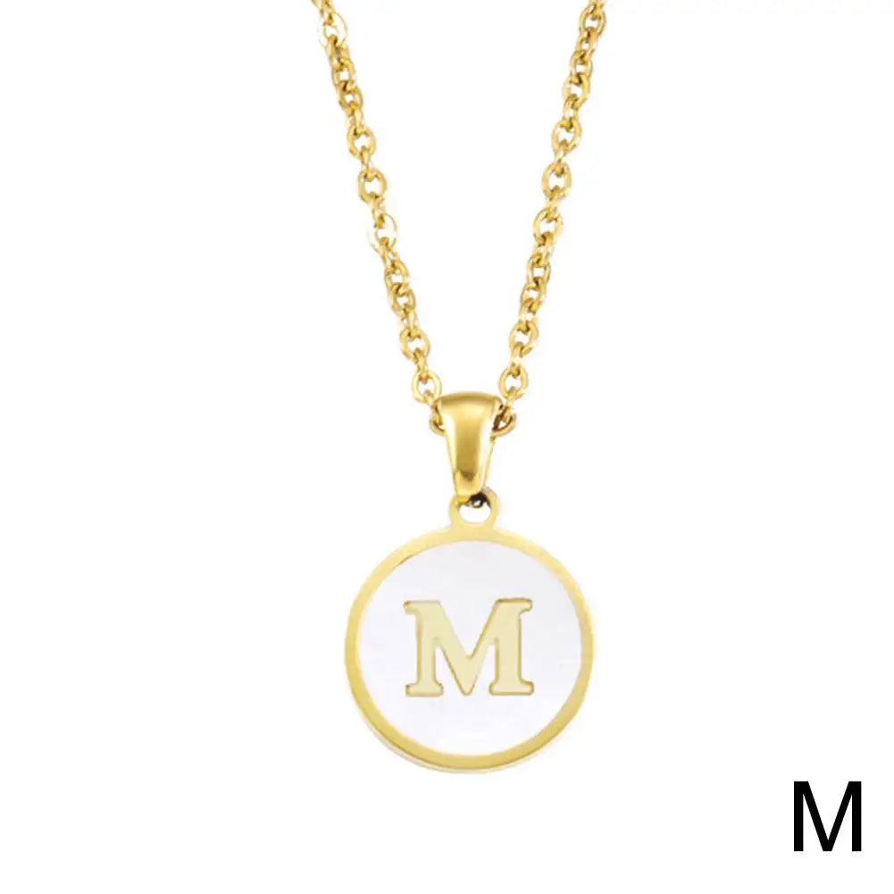 Vintage Initial 26 Letters A To Z White Shell Pendant Necklace Gold Color Steel For Women Men Choker Jewelry Necklace