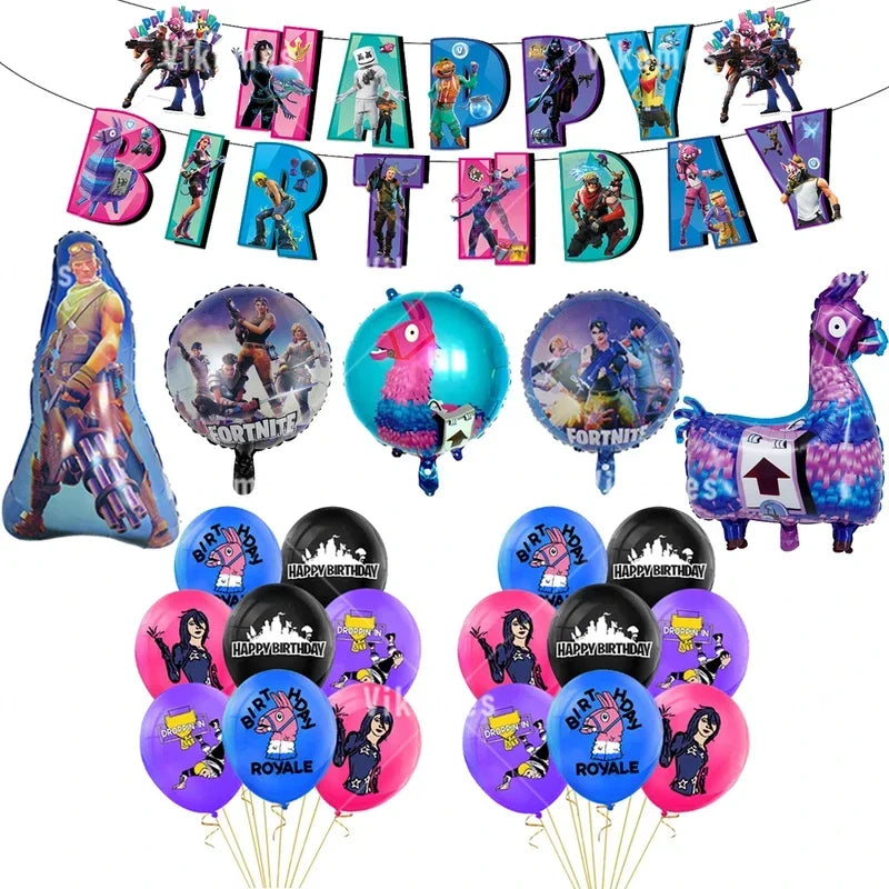 Fortnite Balloons Shooting Game Ballons Boy Girl Happy Birthday Banner Party Decoration Alpaca Llama Tableware Cake Topper Toy