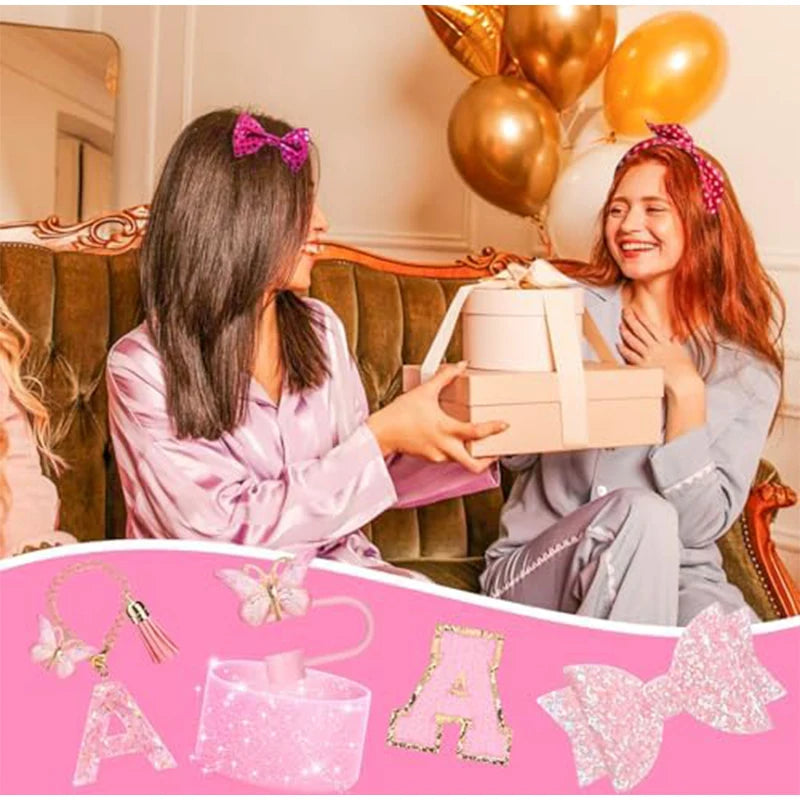 9PCS Set Bling Pink For Stanley Cup Cute Bow Letter Decoration 30oz 40oz Cup Spill Proof Stopper Keychain Handle Cup Accessoriy