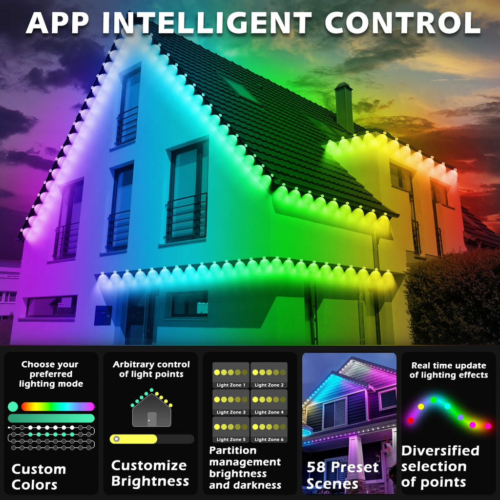 Permanent Outdoor LED Lights 200FT RGB IP67 Waterproof Eaves