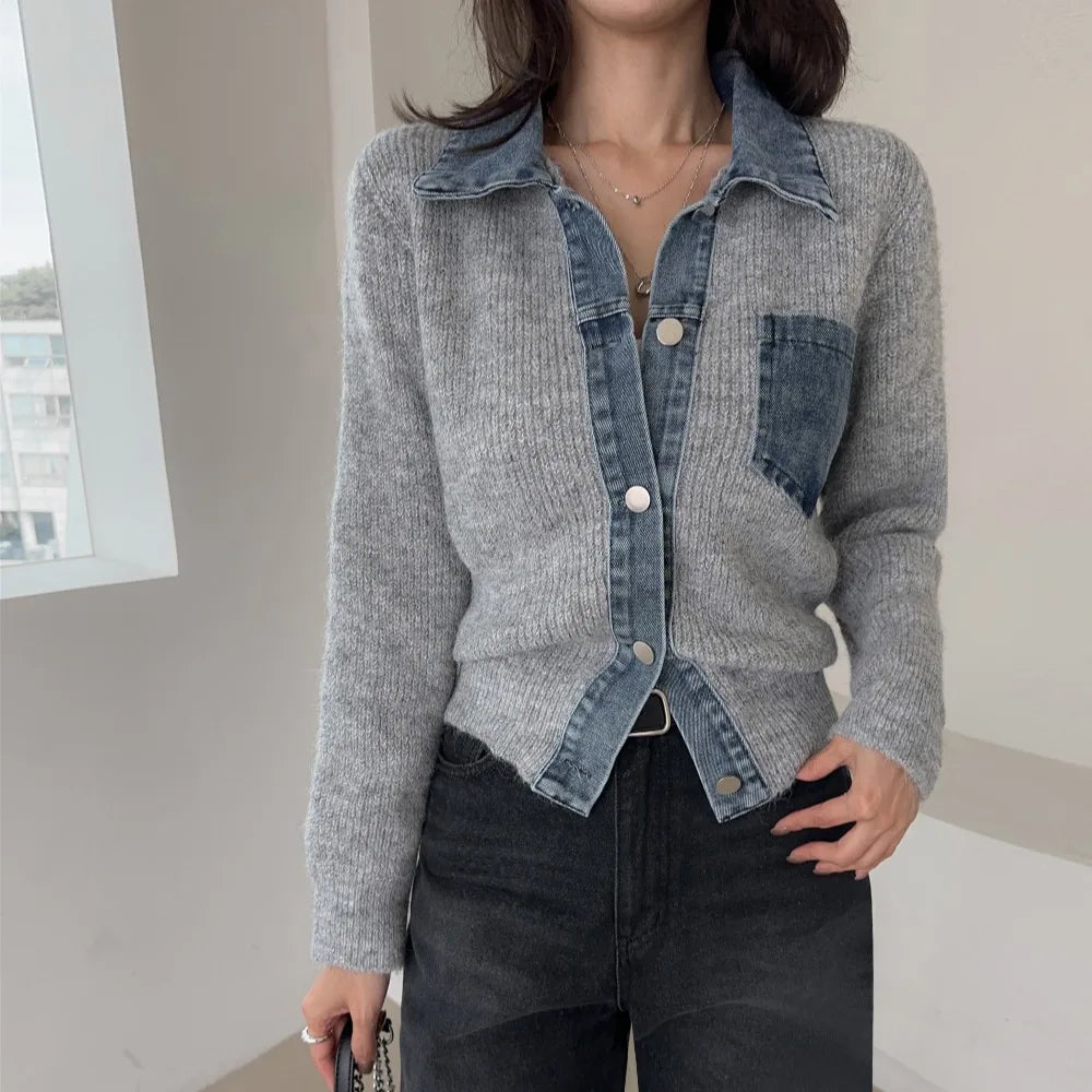 Oversized Knit Sweater Women Denim Patch Cardigan with Open Front