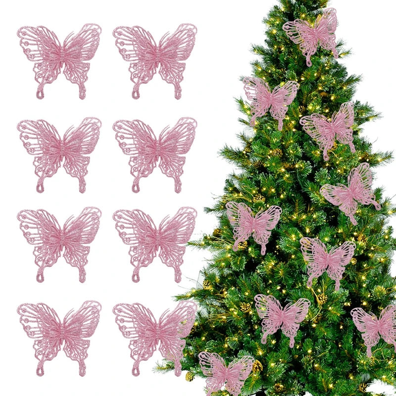 8/16Pcs Christmas Decoration Butterfly Ornaments Glitter Xmas Tree Pendant Navidad Home New Year 2026 Decor Wreath Supplies