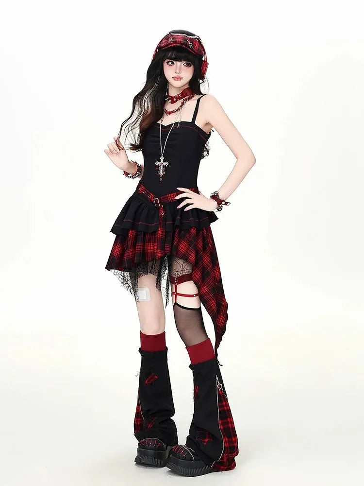 Gothic Y2K Punk Cami Dress Set Women Sheer Mesh Top High Waist