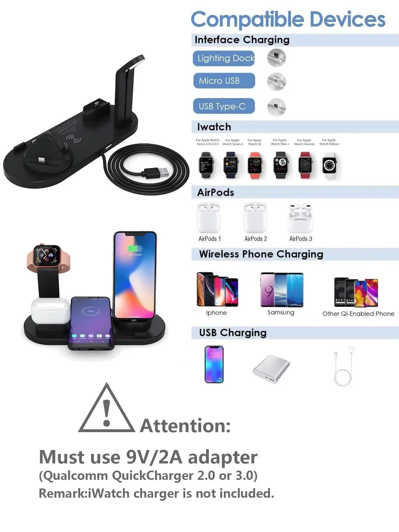 7 In 1 Wireless Charger Stand For iPhone 1-12 Apple Watch 9/8/7/6 Airpods Pro2/1 Phone Chargers Fast Charging Dock Station
