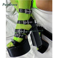 Black Spike Stud Buckle Platform Sandals Women's Solid Punk Chunky