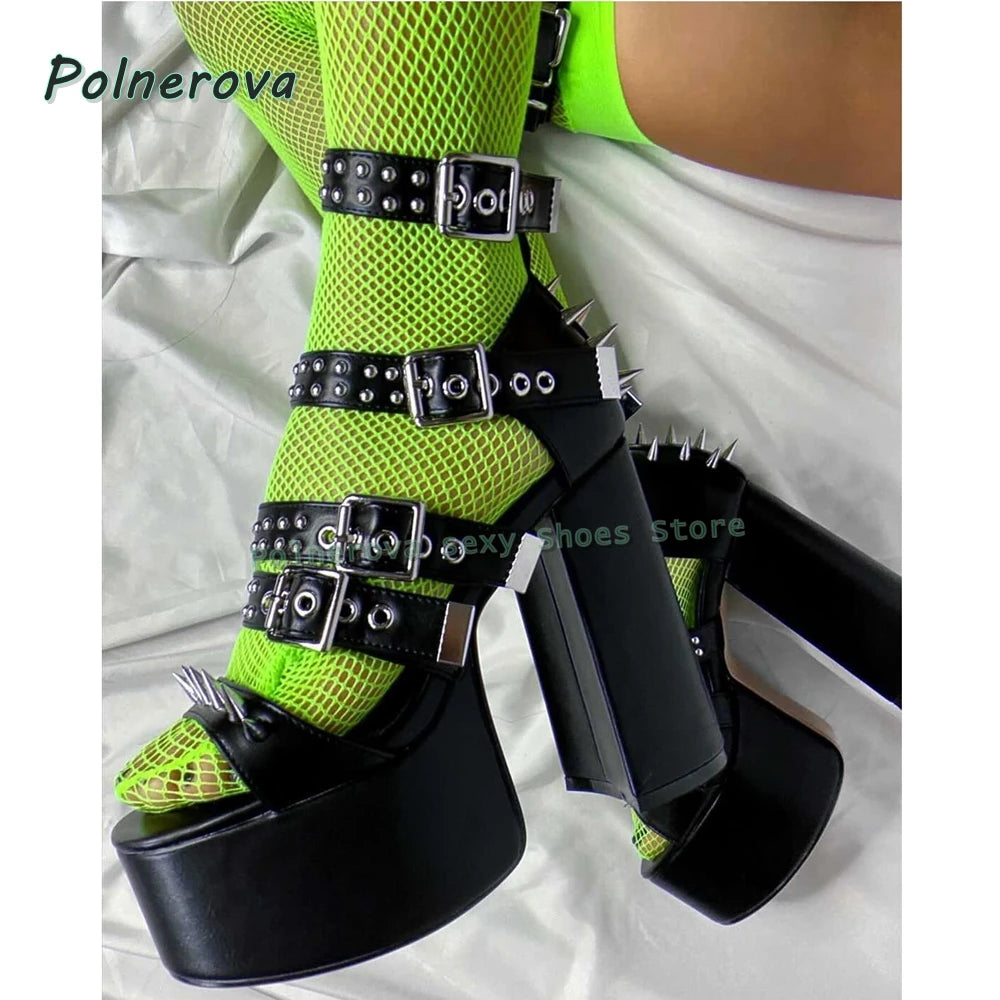 Black Spike Stud Buckle Platform Sandals Women's Solid Punk Chunky