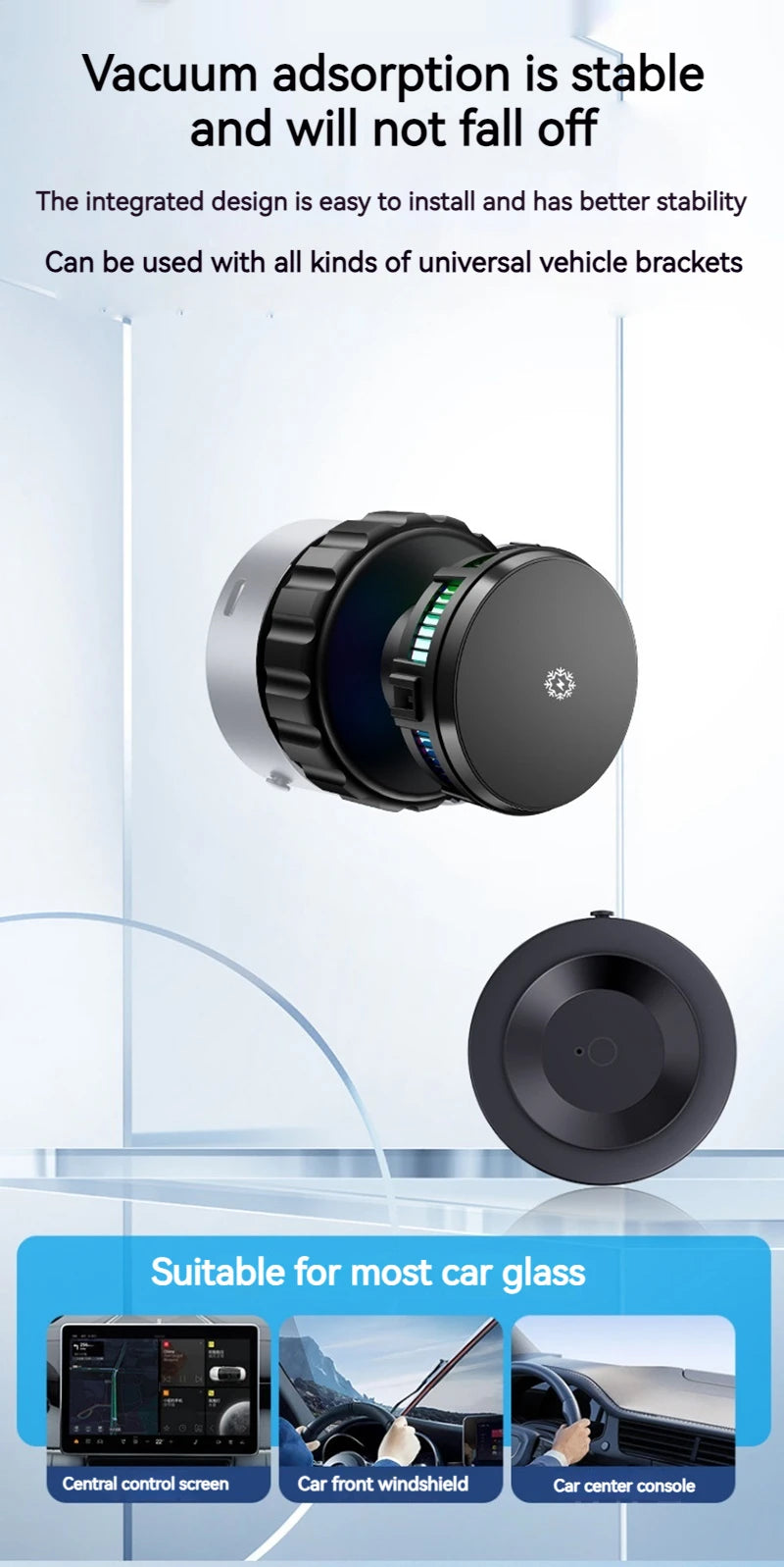 15W Car Magnetic Wireless Charger Phone Stand, Suction Cup with Semiconductor Cooling & Colorful Ambient Lights, 360° Rotatable