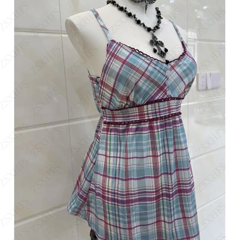 Gothic Plaid Sleeveless Y2K Camisole Women Summer Crop Tops - Multi