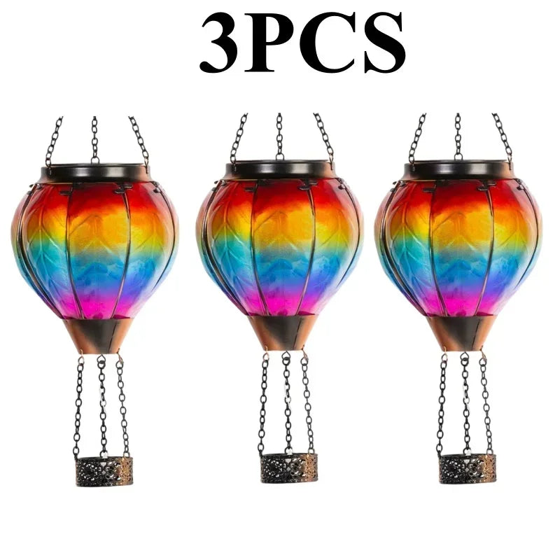 Vintage Solar Garden Lamp LED Flame Effect Hot Air Balloon Outdoor Decor Metal Glass Flickering Lawn Light Waterproof