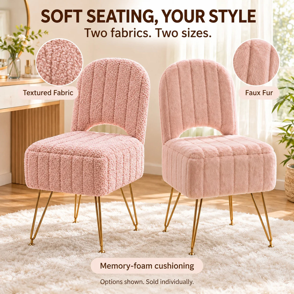 Pink Storage Vanity Chair with Adjustable Folding Backrest Memory