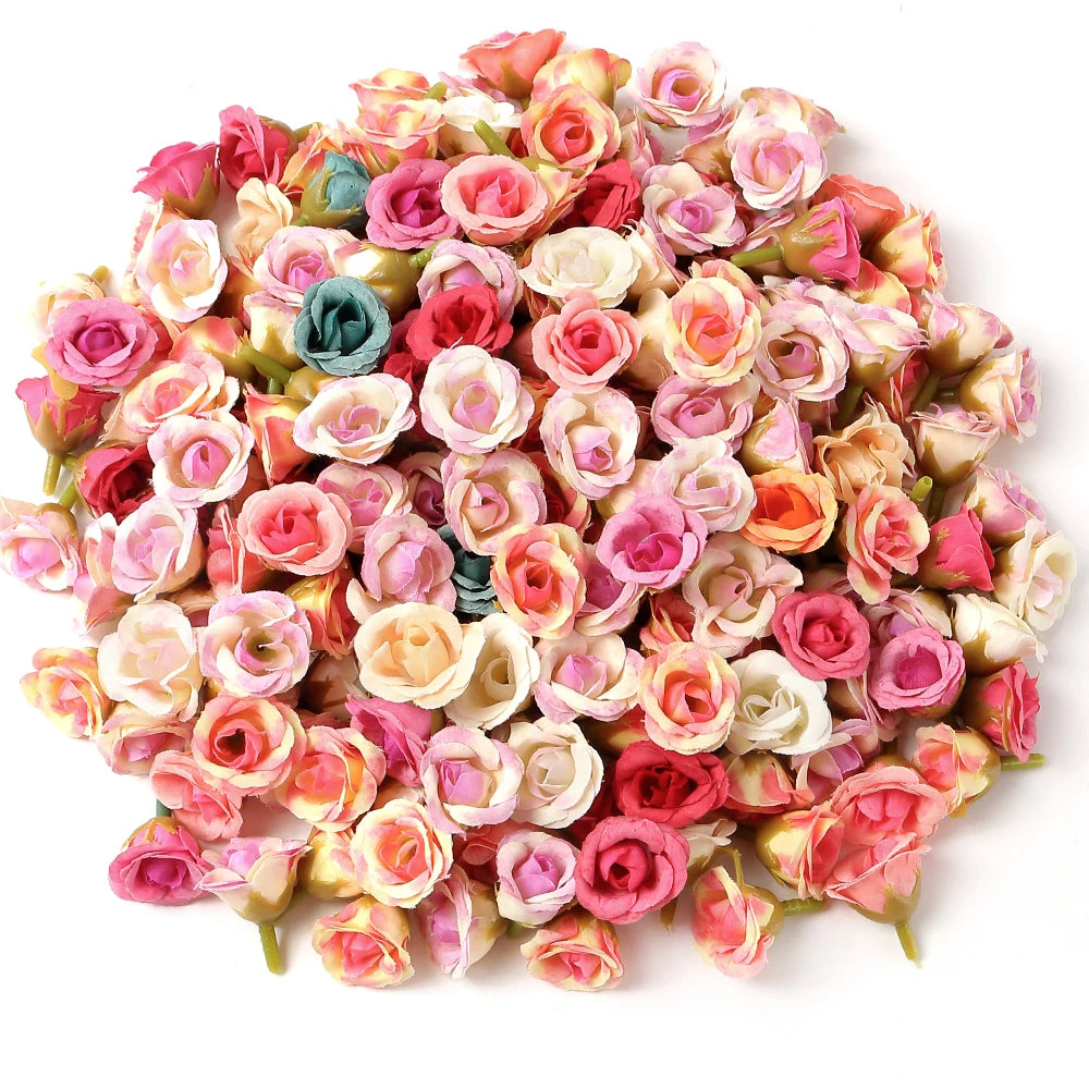 100Pcs Mini Silk Rose Artificial Flowers Head Fake Flowers For Home Decor Wedding Decoration DIY Bride Wreath Gifts Accessories
