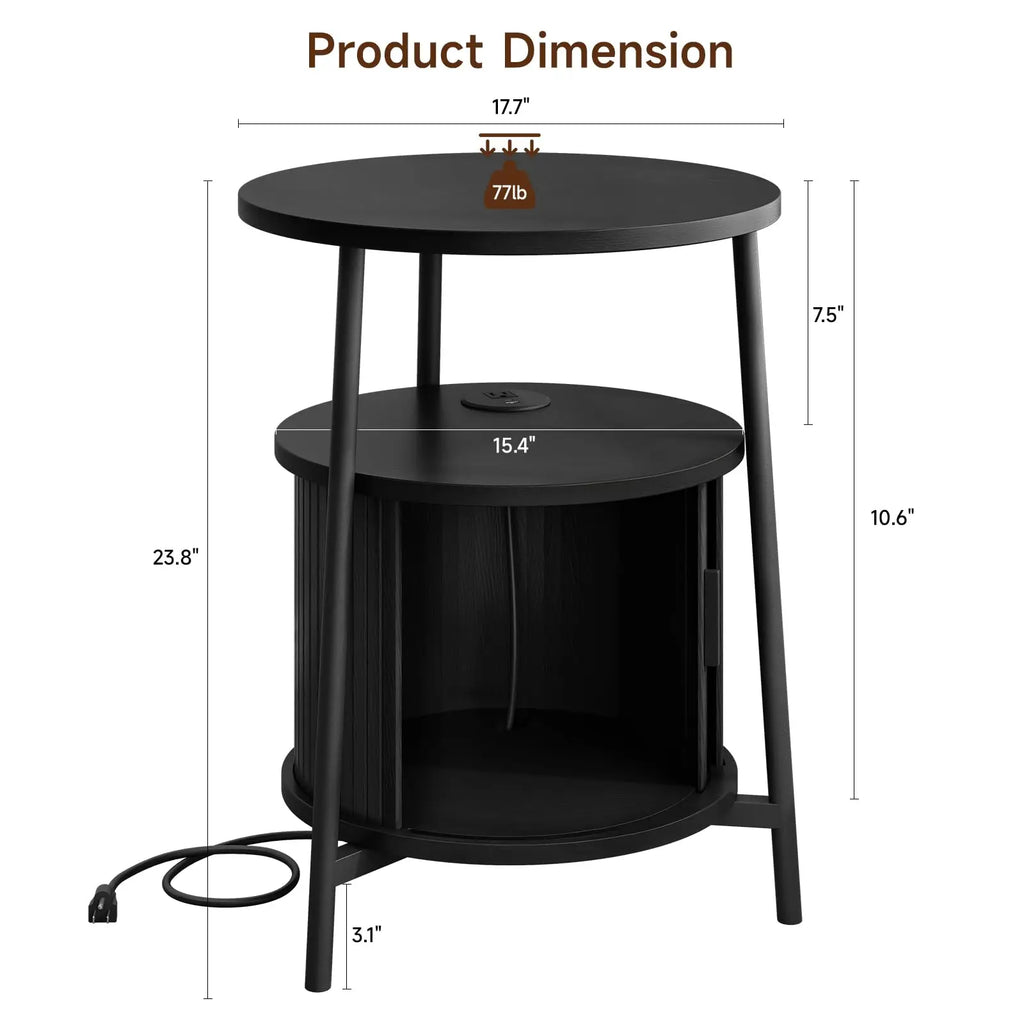 Black Small Round Side Table with Storage