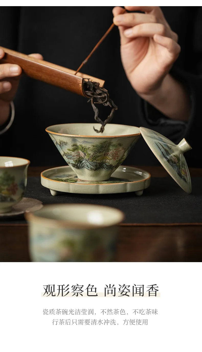 Jingdezhen-Ceramic Tea Cup with Bamboo Hat, Traditional Handmade Tea Ware, Single Bowl, Kung Fu Tea with Lid, Sancai Gaiwan