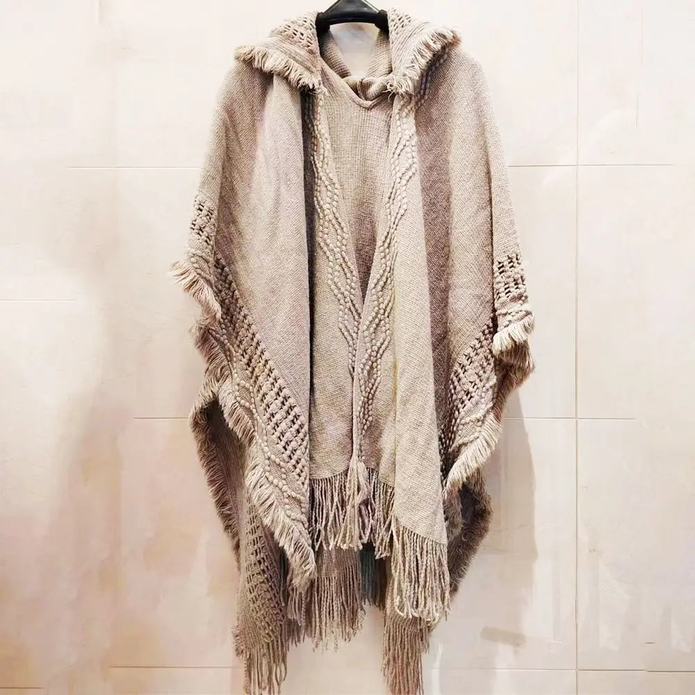 Luxury Elegant Cloak Hooded Knitted Shawl Bohemian Winter Warm Ladies Tassel Cape Oblique Stripe Wraps Scarf Coat
