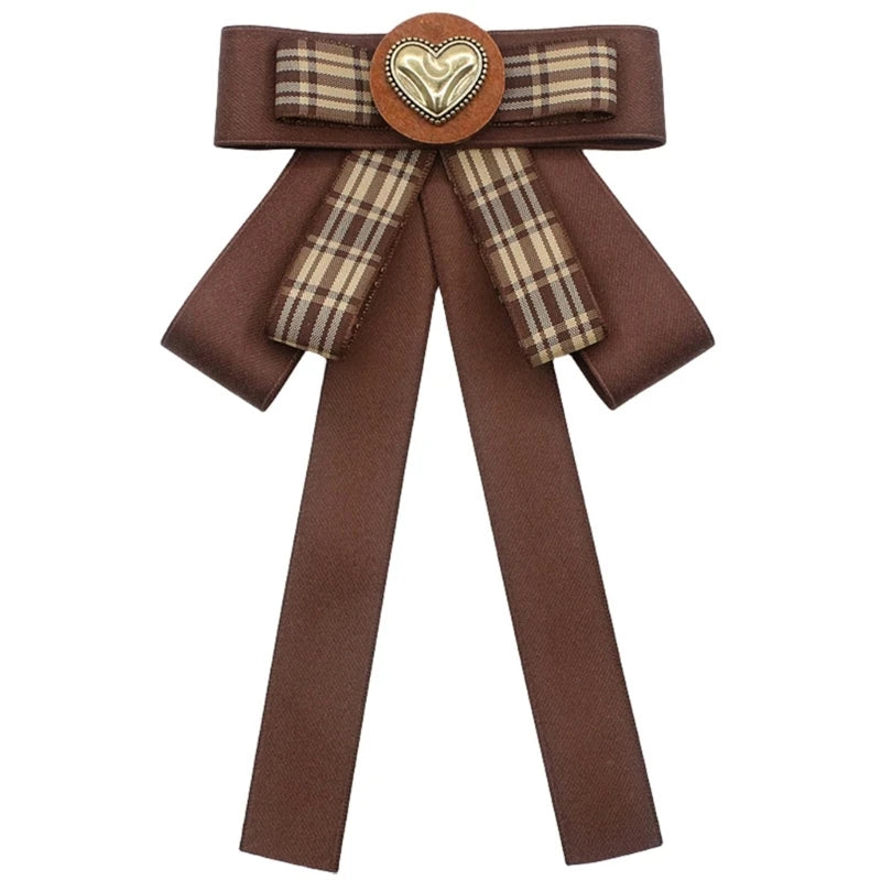 Ribbon Bowtie Brooch Pin Student Uniform Pre Tied Necktie Clip Vintage Brown Plaids Bowknot Corsage Shirt Jabot Collar