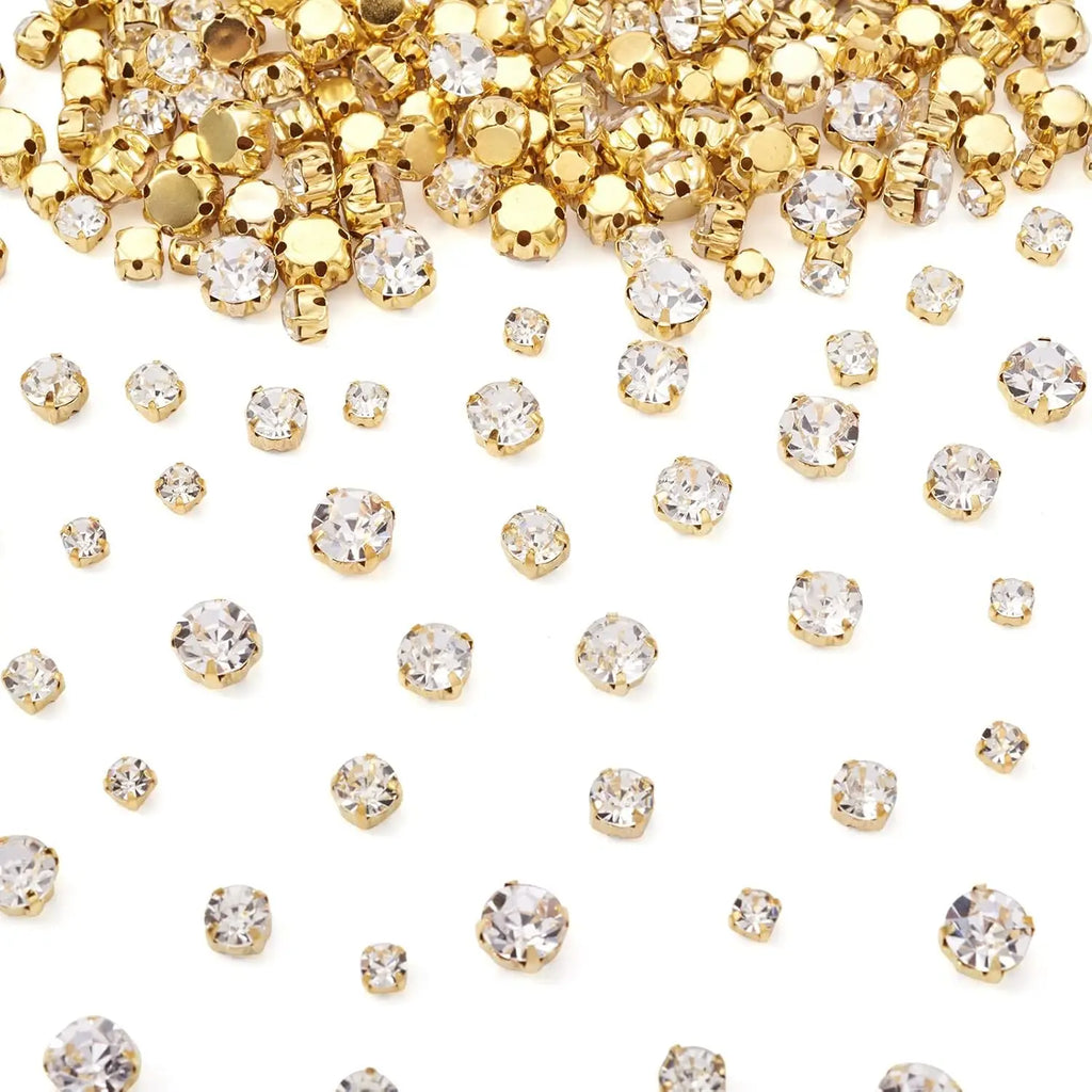 100 Stitching Rhinestones with Gold Claws 6 Sizes Gold Round Stitching Rhinestones for Sewing Crafts Jewelry Making