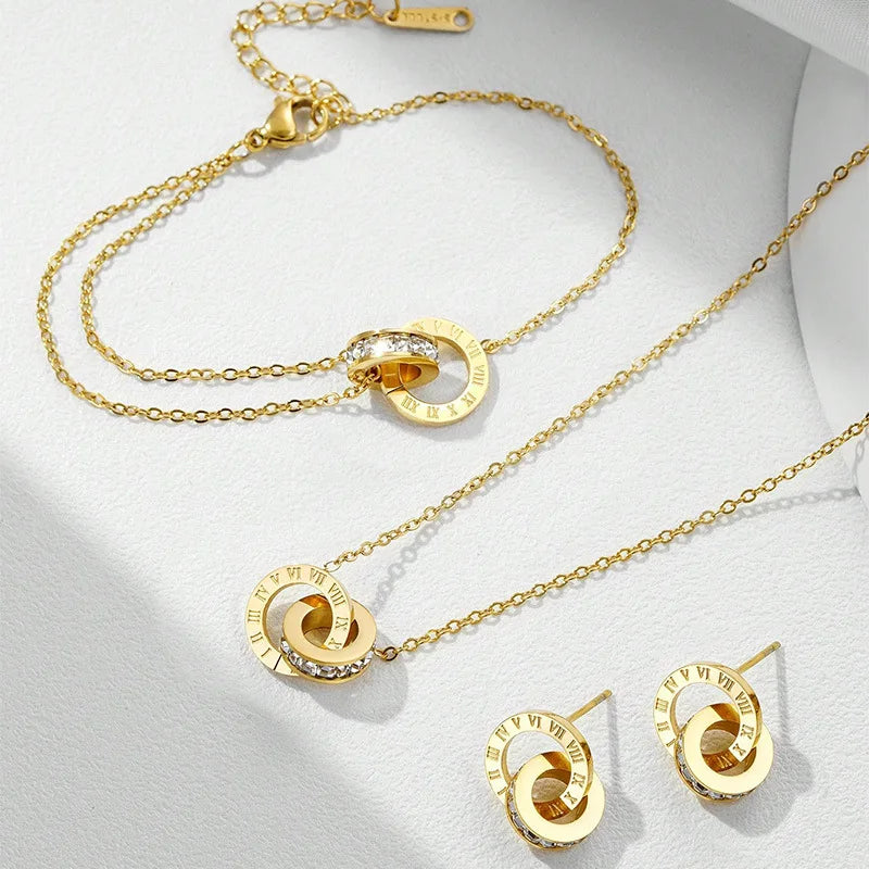Women's Classic Stainless Steel Roman Numerals Necklace Bracelet Earrings